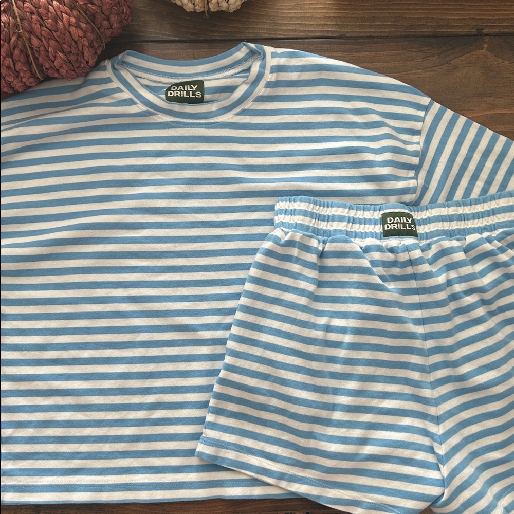 Daily Drills x Sarah Walker Sky Blue and White Striped Lounge Set